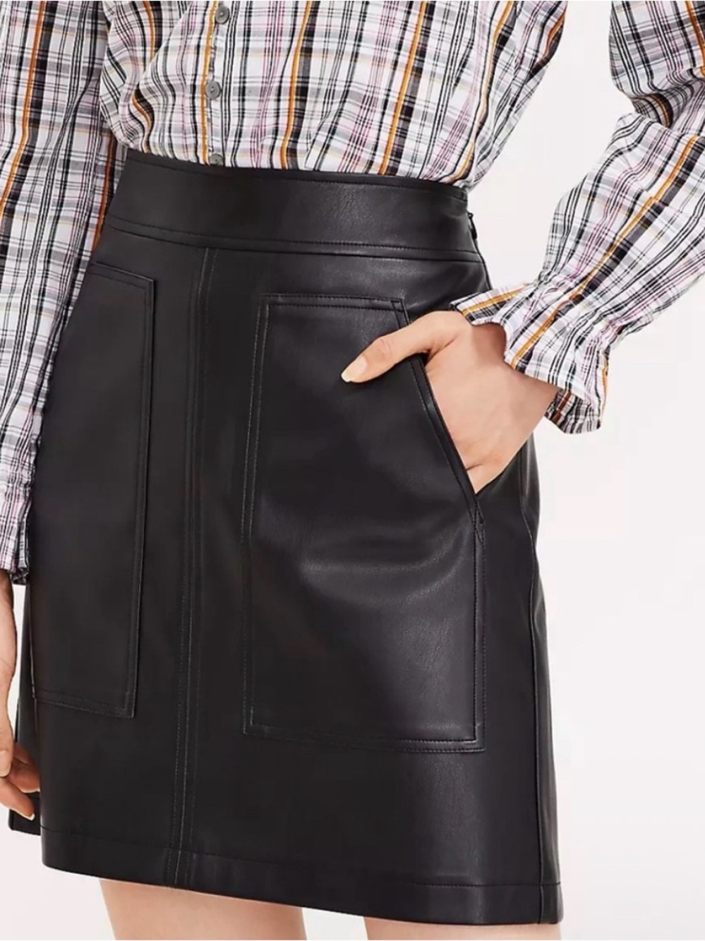 LOFT Faux Leather Mini Skirt Black A-Line  Front Pocket Skirt Office Minimalist